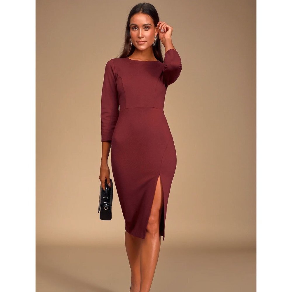 Lulus Bodycon Midi Dress 3/4 Sleeve Maroon Off-Center Slit Size M